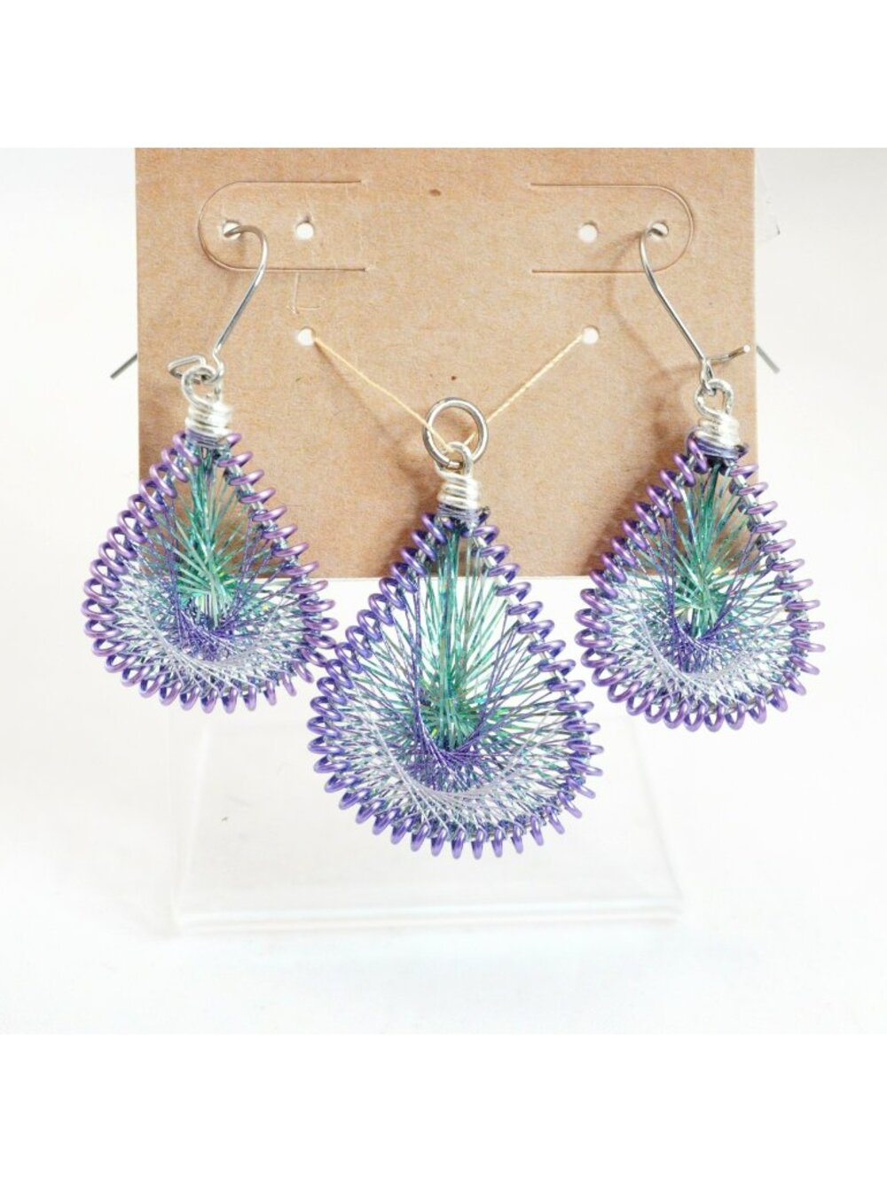 Vintage Woven Thread Earrings Pendant Set Purple Blue Teardrop Boho